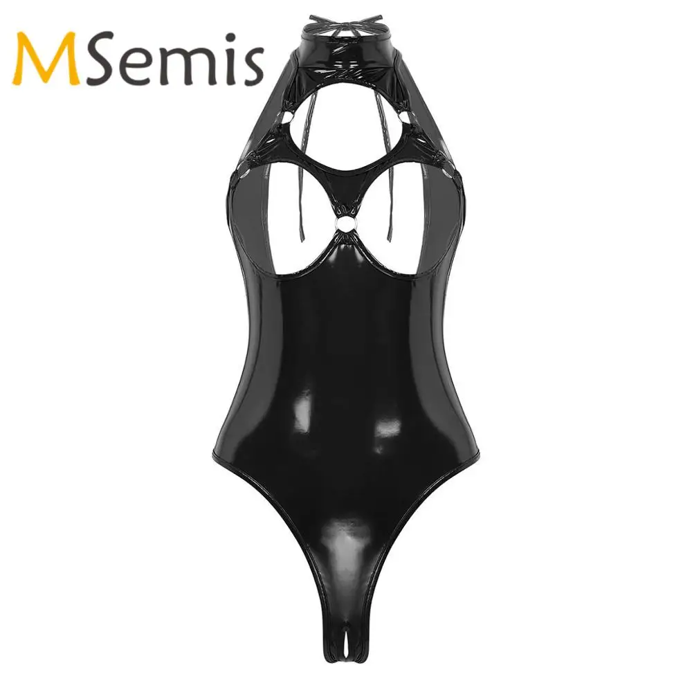 

Women's Swimsuit Wet Look Leather Bodysuit Lingerie Swimwear Halter Neck Hollow Out Open Back Crotchless Thong Leotard Bodysuit