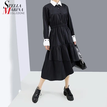 

New 2019 Korean Long Sleeve Women Autumn Black Pleated Shirt Dress Sloping Hem Ladies Midi Casual Midi Dresses Robe Style 5871
