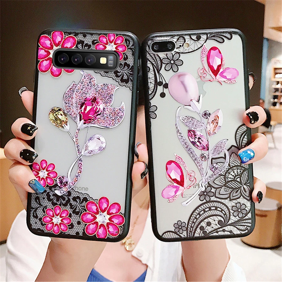 For Samsung Galaxy S10 Plus Case PC Hard Back Cover Bumper 3D Lace Flower Diamond Lite S10e Phone |