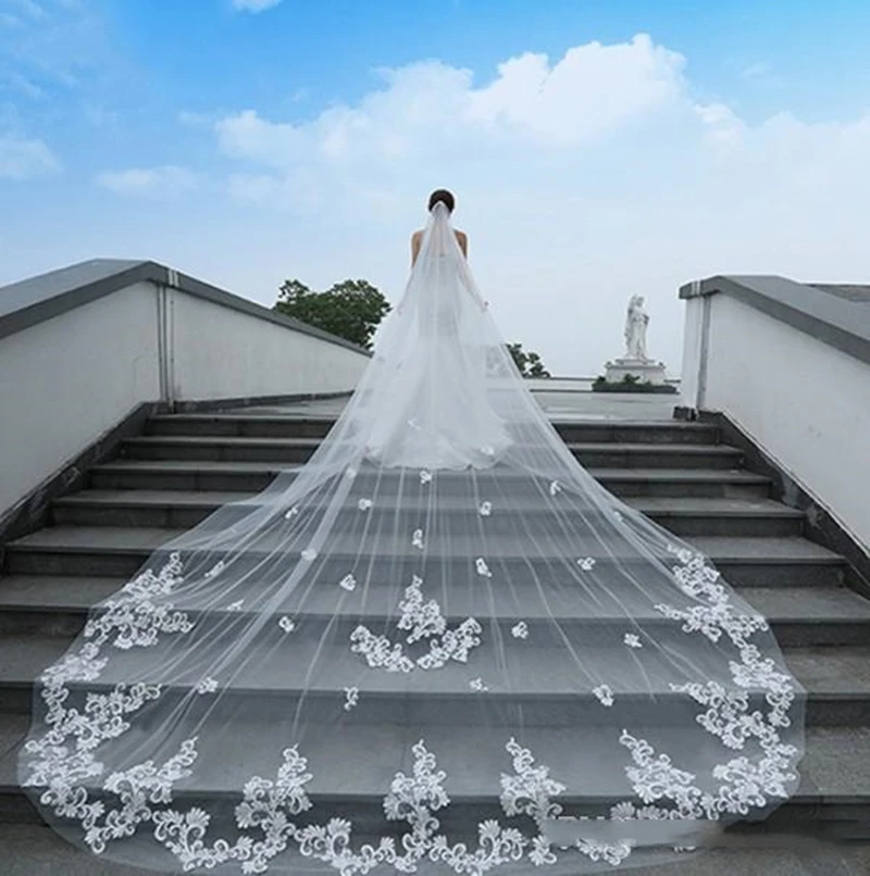 

Applique One Layer Wedding Veils Cathedral Length Tulle Bridal Wedding Accessories Custom Made Long Veil With Comb