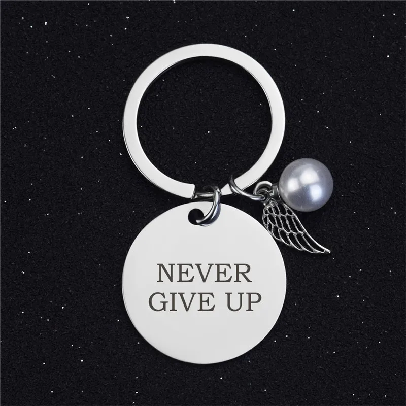 Never Give Up Keychain Stainless Steel Inspirational Positive Quote Message Key Chain Keyring For Men Women Friend Sister