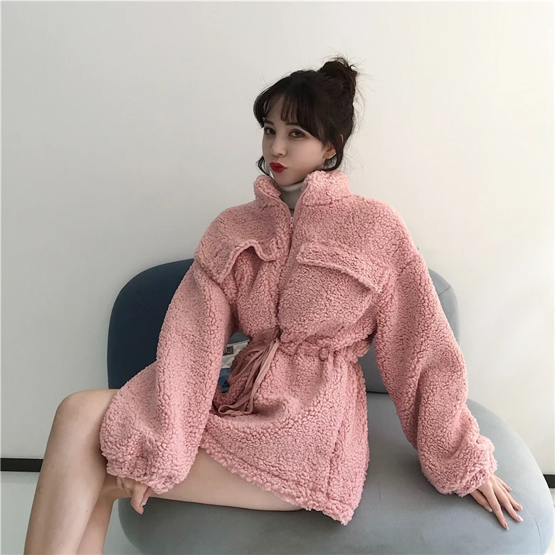 Осень и зима, воротник-стойка, длинный рукав, толстая, свободная, для похудения, с высокой талией, на шнуровке, средней длины, меховое пальто для женщин