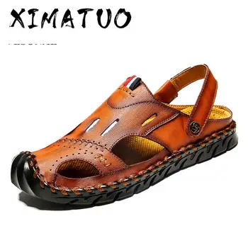 

2020 Summer Cow Leather Men's Sandals Beach Shoes Outdoor Casual Fashion Comfortable Male Footwear Hollow out Sandalias