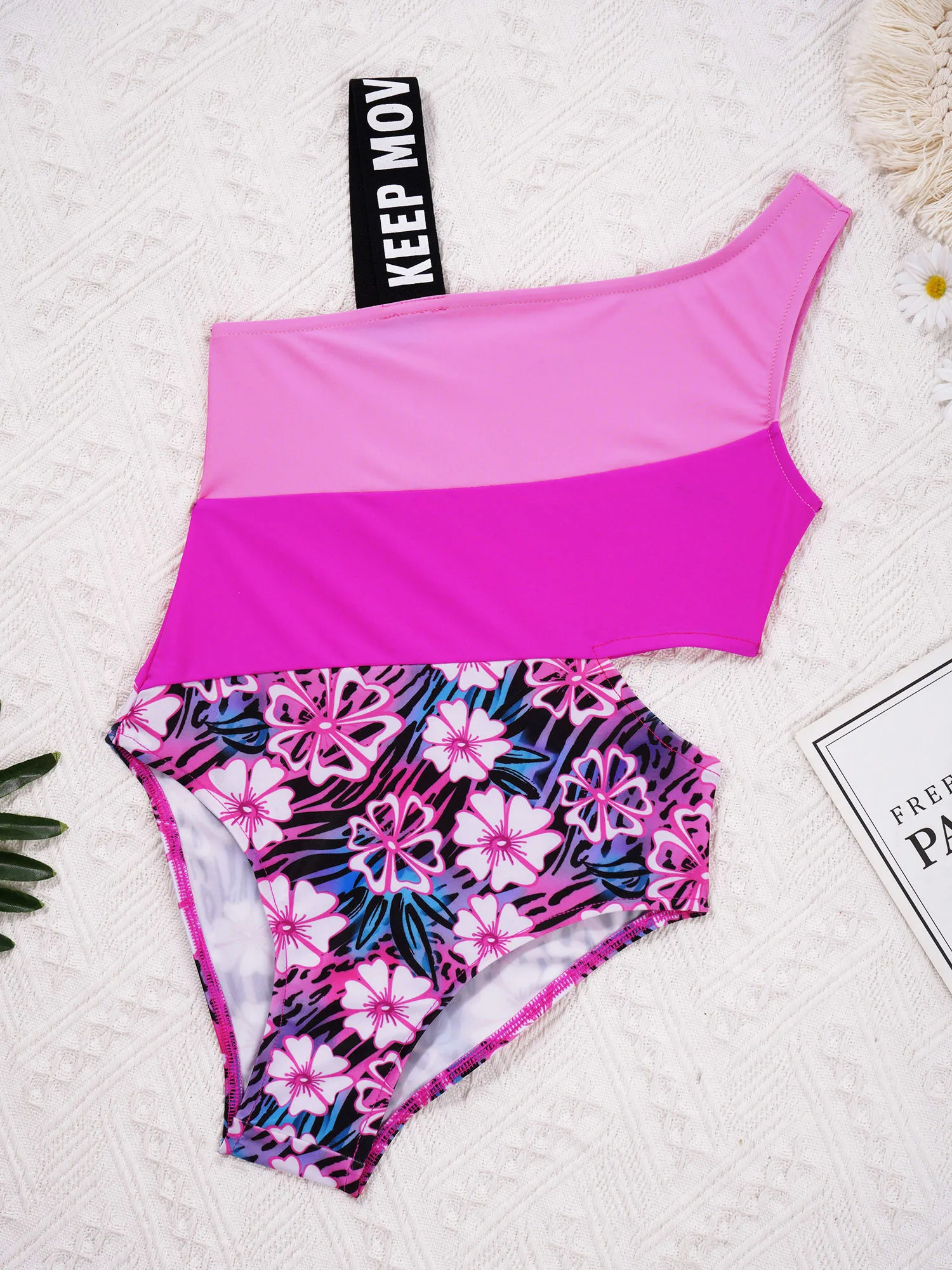 TiaoBug Summer Kids Girls Swimming Jumpsuit Asymmetrical Shoulder Straps Color Contrast Patchwork Hollow Out Waist Bodysuit