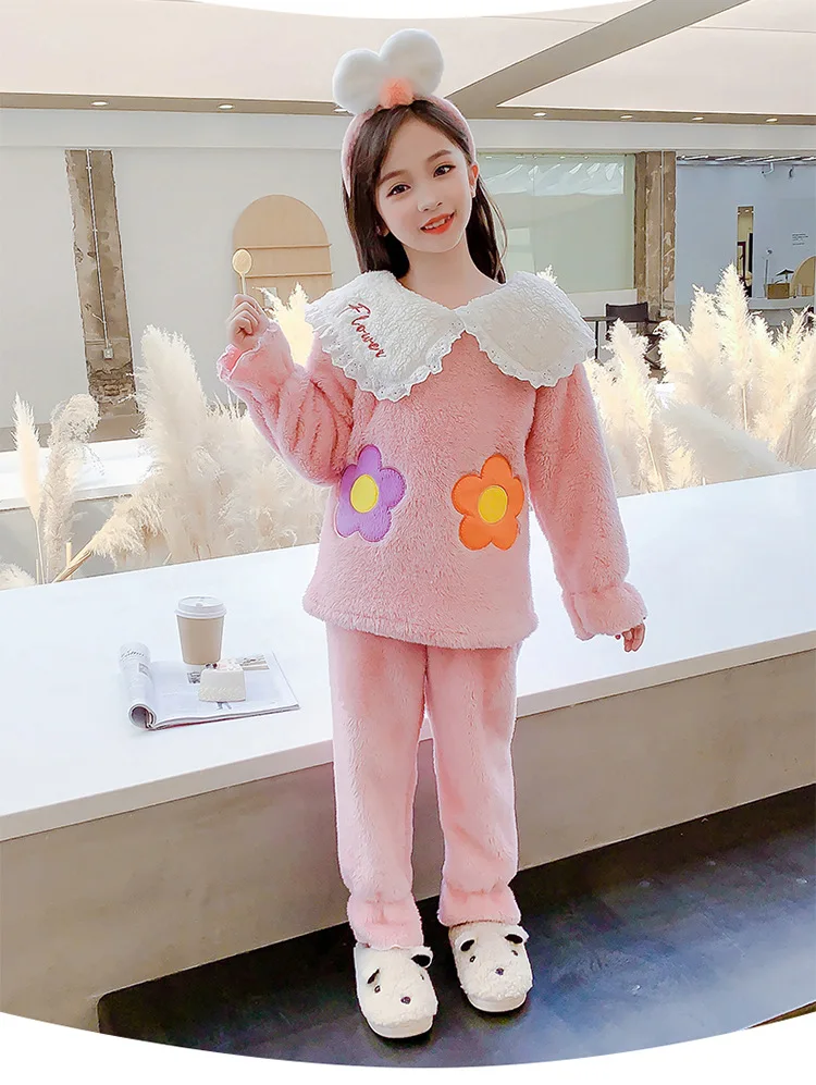 Children's Flannel Pajamas Autumn And Winter Warm Girls Home Wear Clothes Cute Cartoon Pink Baby Girls Sleepwear Kids Clothes pajama sets button up	