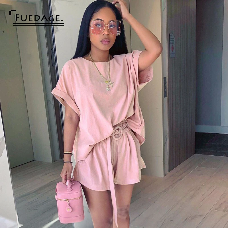 

Fuedage Summer Women Two Piece Set Sashes Solid Casual Set Loose Top And Short 2 Piece Set Women O Neck Elastic Waist Female Set