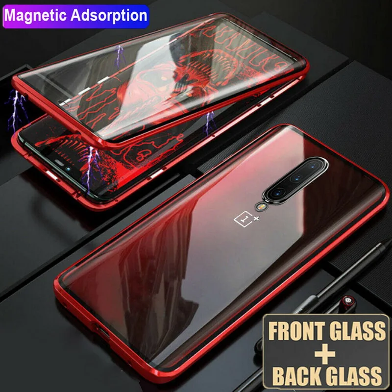 Красный Магнитный адсорбционный металлический чехол для телефона Oneplus 7 Pro, роскошный двухсторонняя, для стекла, Магнитный чехол для One Plus 7 7Pro - Цвет: Красный