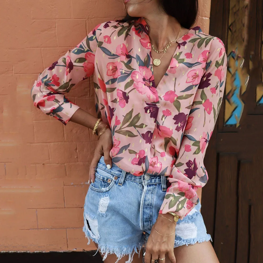 

Spring Summer Women Sunscreen Blouses Vintage Long Sleeve V-neck Button Shirts Female Beach Tops Travel Look Floral Blouses