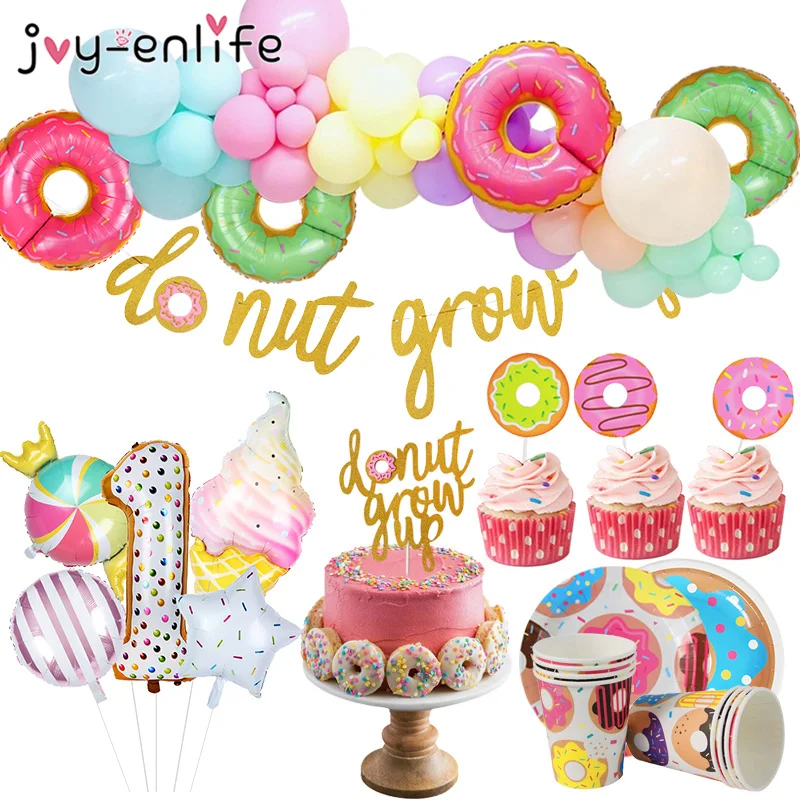 Donut-Birthday-Party-Supplies-Donut-Grow-Up-Party-Decoration-Foil-Donut-Balloons-Doughnut-Cupcake-Topper-Boy