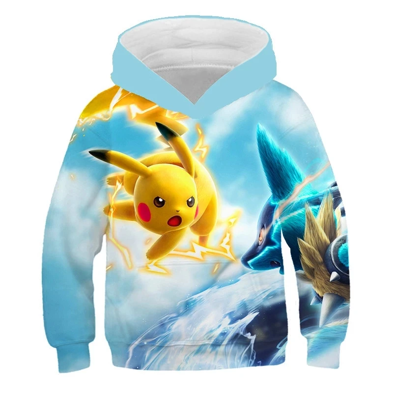 Boys Pikachu Hoodies Autumn 3D Print Cartoon Pokemon Sweatshirt Kids Funny Harajuku Fashion Tops Boys Girls Super Cool Pullover hoodie black kid