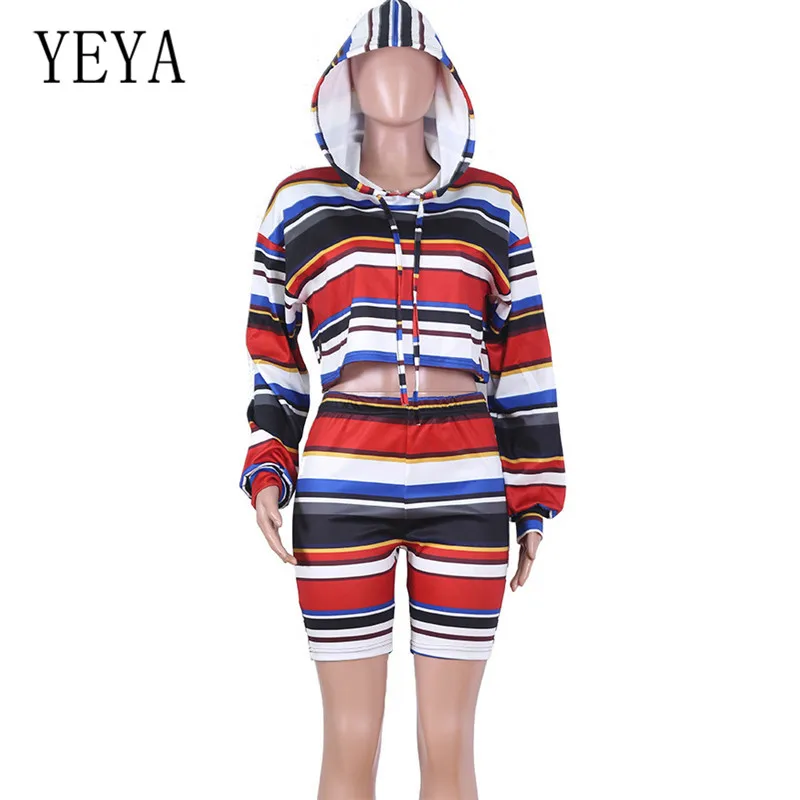YEYA/осенние комплекты из двух предметов, топ с капюшоном и короткие штаны, спортивный костюм, женские эластичные на талии для отдыха, женские наряды, винтажные полосатые комбинезоны