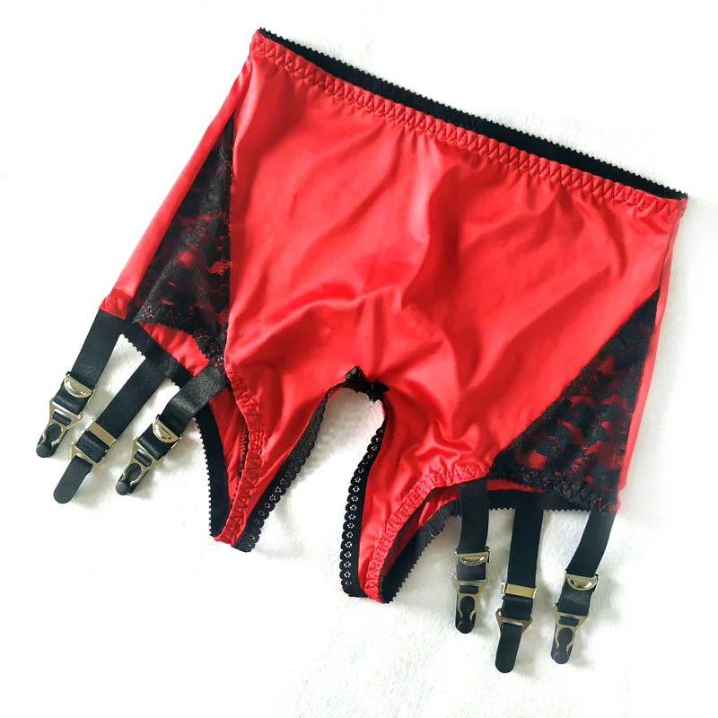 Sexy Black Lace Garter Belt Crotchless Panty with Six Straps Red Suspender Belts for Women Lingerie Stockings Size S-XXL