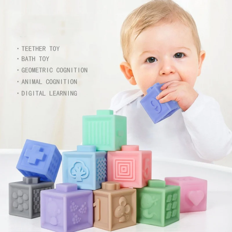 Educational 12pcs/set Baby Grasp Toy Building Blocks 3D Touch Hand Soft Balls Baby Massage Rubber Teethers Squeeze Toy Bath Toys