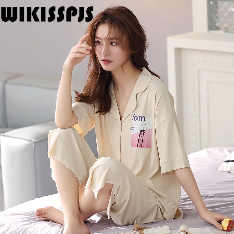 

WIKISSPJS2022 New Summer Pajamas Women's Modal Short Sleeve Capris Suit Lounge Wear Sleep Tops Two Piece Set Summer