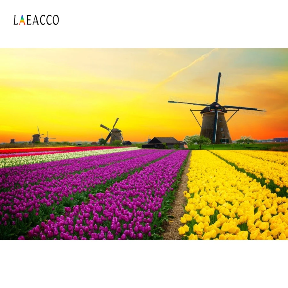 

Laeacco Flowers Field Windmill Landscape Photography Background Vinyl Customized Seamless Backdrops Props For Photo Studio