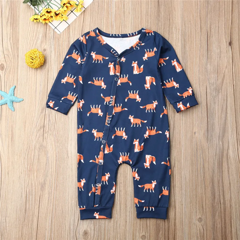 Toddler Fall Outfits Girls Cartoon Fox Printed Romper Jumpsuit Boys Long Sleeve Cotton Clothes Newborn Set - Цвет: Многоцветный