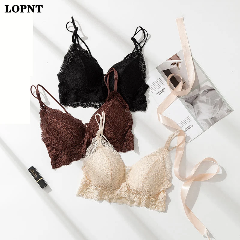 

LOPNT New Female Beautiful Back Bra Thin Lace No Steel Rring Mulberry Silk Underwear Front Button Women's Sexy Small Chest Bra