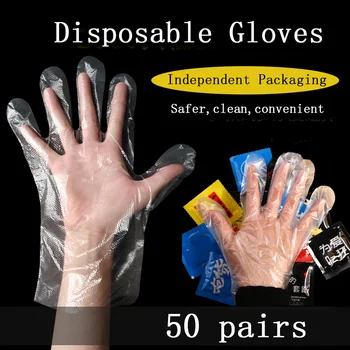 

50 Pairs/Set Eco-friendly Disposal Gloves Food Grade Plastic Gloves Food Service Restaurant BBQ Clear Gloves Kitchen Accessories