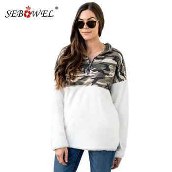 

SEBOWEL Woman's Cozy Fuzzy Camo/Plaid Pattern Pullovers Sweatshirts Pockets Female Long Sleeve Warm Zip Tops Autumn Spring S-XXL