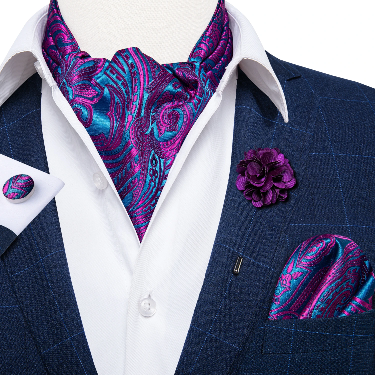 Klassische Hochzeits-Ascot-Krawatte für Herren, Gelb-Gold-Rot, Paisley-Blumenmuster, Schal, Krawatte, Brosche, Set, Ascot-Krawatte für Bankette – Detail 13