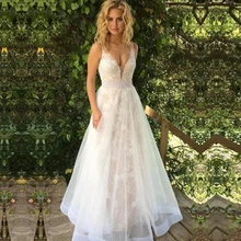 Сексуальные свадебные платья с v-образным вырезом, длина до пола, Кружевная аппликация, открытая спина, без рукавов, ТРАПЕЦИЕВИДНОЕ без бретелек свадебное платье, Vestido De Noiva