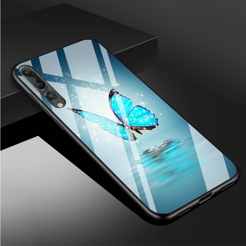 huawei pu case Butterfly Tempered Glass Phone Case For Huawei P20 P30 P40  P40 Lite Pro Psmart Mate 20 30 Cover Shell silicone case for huawei phone Cases For Huawei