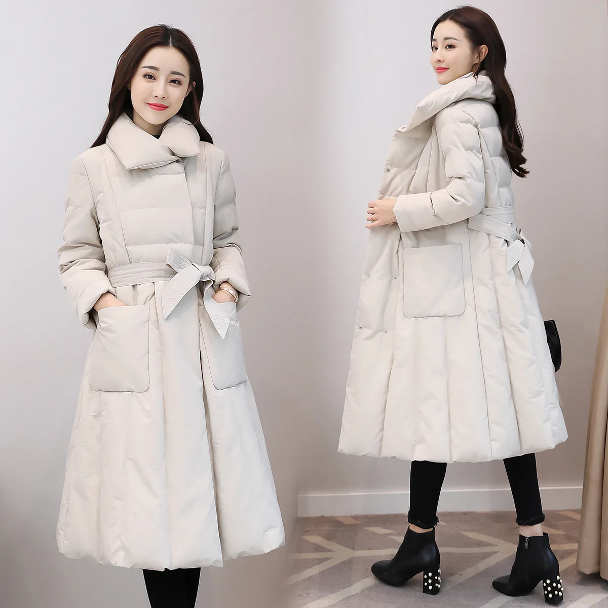 

Cotton-padded Clothes Women's Mid-length Winter 2018 Korean-style Slim Fit Slimming Lace-up Puffy Cotton-padded Jacket Hem Thick
