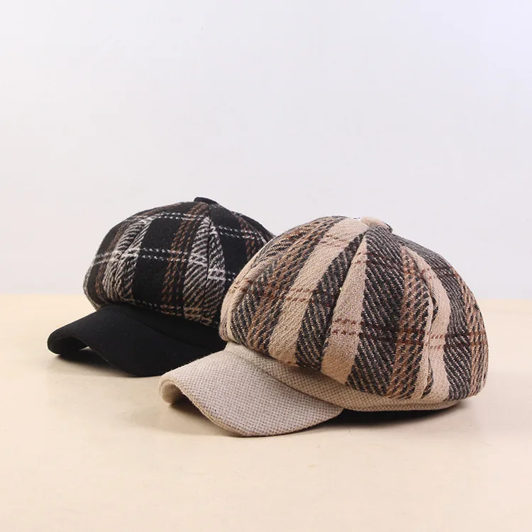 

Autumn And Winter New Style Plaid Octagonal Cap Women's England Literature And Art Retro Painter Cap Brim Hat Casual Versatile W
