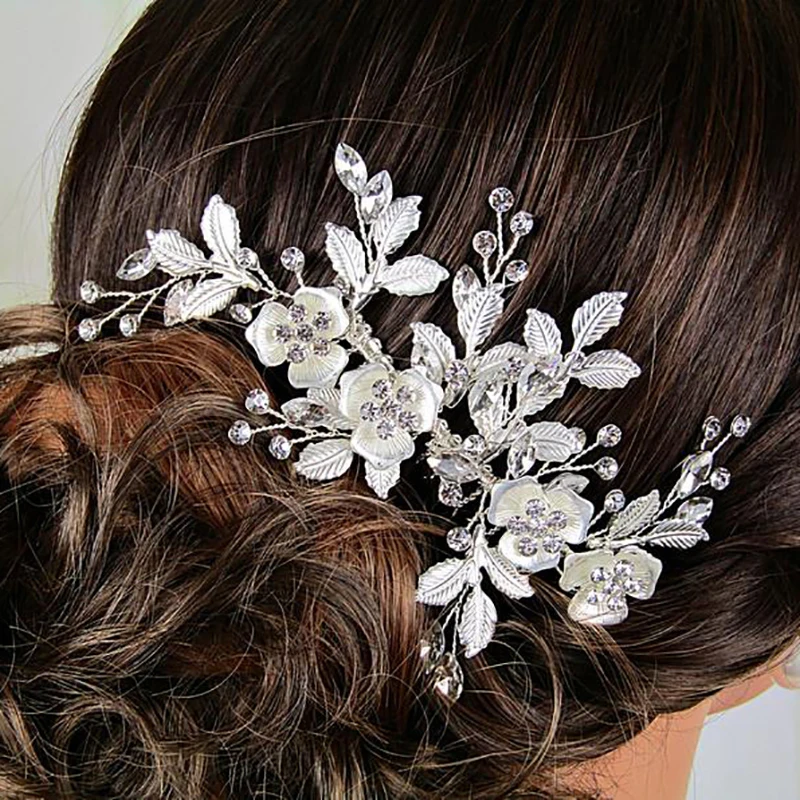Silver Color Flower Hair Comb Accessories For Women Rhinestone Elegant Wedding Combs Bridal Head Jewelry | Украшения и аксессуары