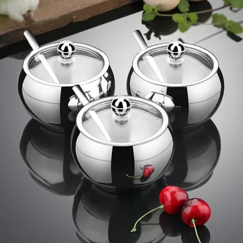 

Kitchen Stainless Steel Sugar Bowl With Lid And Spoon Portable Sugar Box Container Cooking Sugar Seasoning Jar Storage Bottle