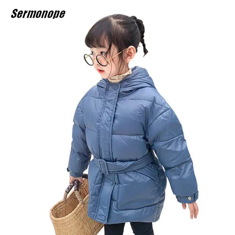 

Sermonpe2019 Winter Children's Thicken Hooded Down Jacket Baby Girl Clothes Medium And Long Section Belt Kids Warm Outwears Coat