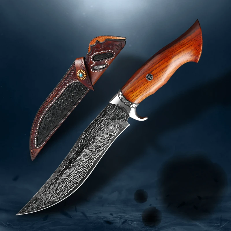 Handmade Hunting Knife Damascus Steel Fixed Blade Knife Leather Sheath Dalbergia Wood Handle Outdoor Survival Camping Tool