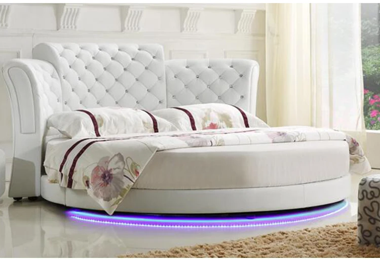 Умный каркас кровати camas спальня кровать двуспальная горит кровати سرير muebles de dormitorio мебель светодиодный светильник круглый натуральная кожа