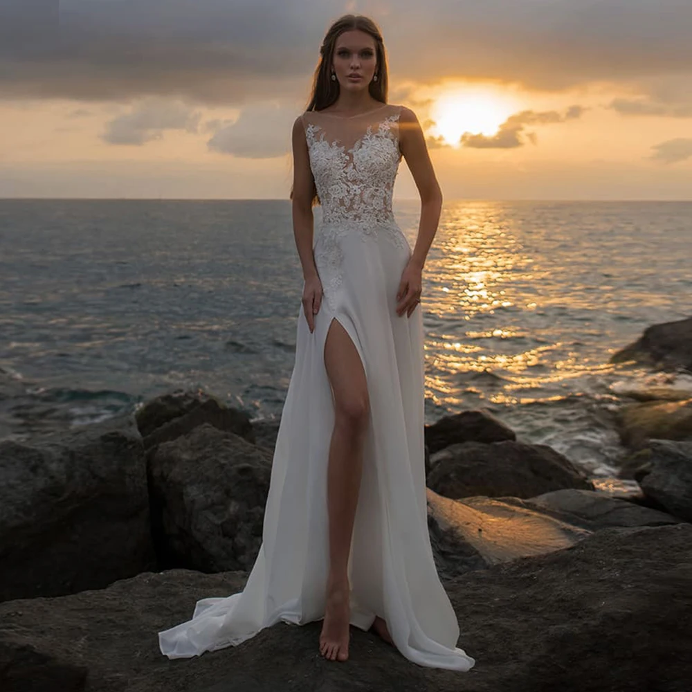

Charming Wedding Dresses 2021 Boho Slit Bridal Gown O-neck Sleeveless Applique Lace Robe De Mariage