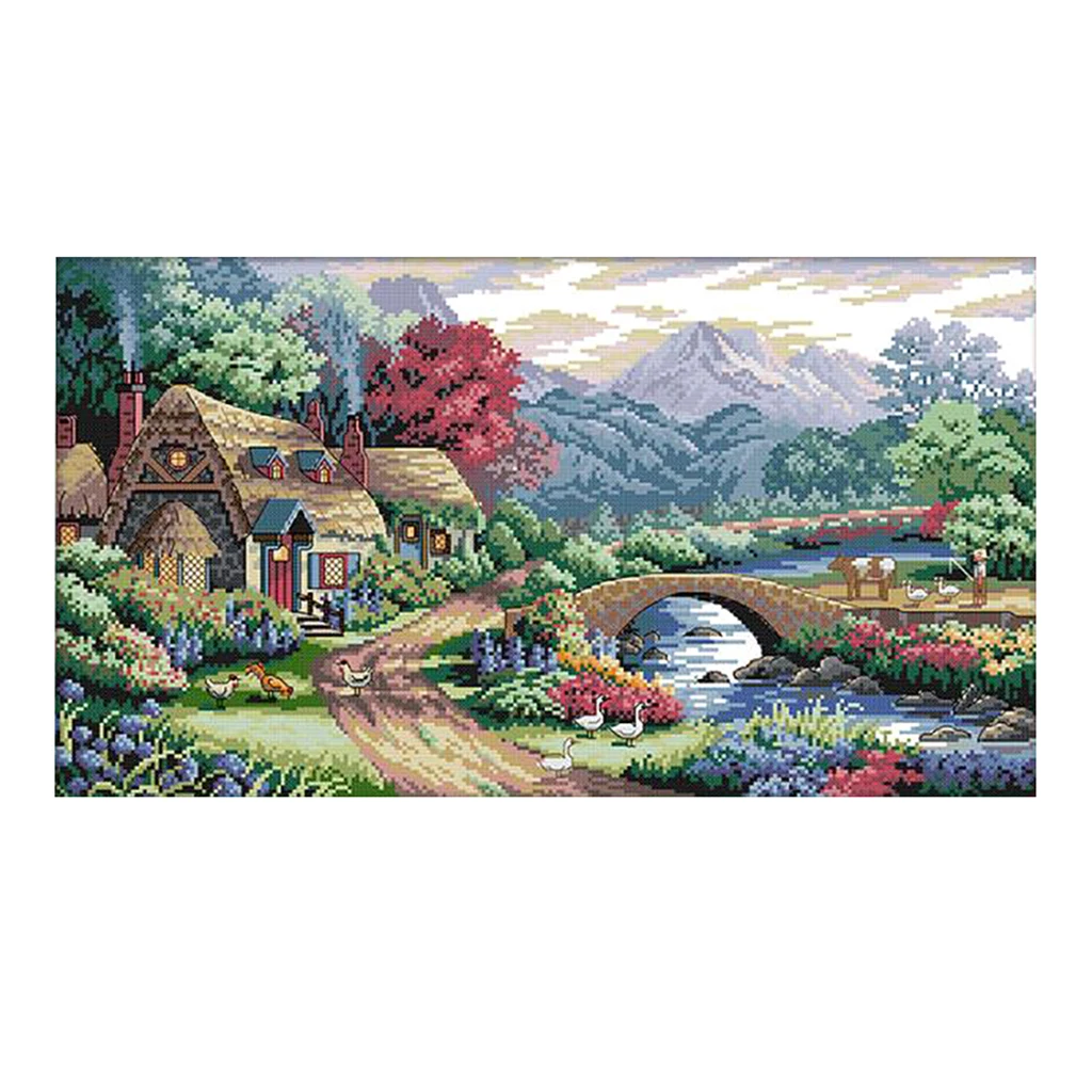  54x33cm Farm Scene DIY Stamped Cross Stitch Kits Embroidery Kit Needlework Craft Wedding Christmas Gift