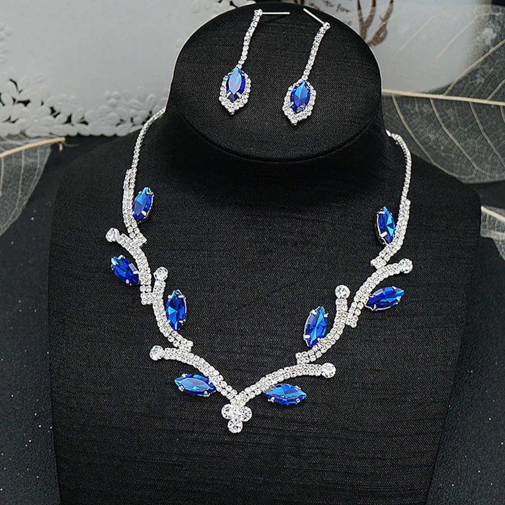 Luxury Colorful Crystal Irregular Leaf Shape Bridal Necklace Earrings For Women Bling Rhinestone Choker Necklace Wedding Jewelry