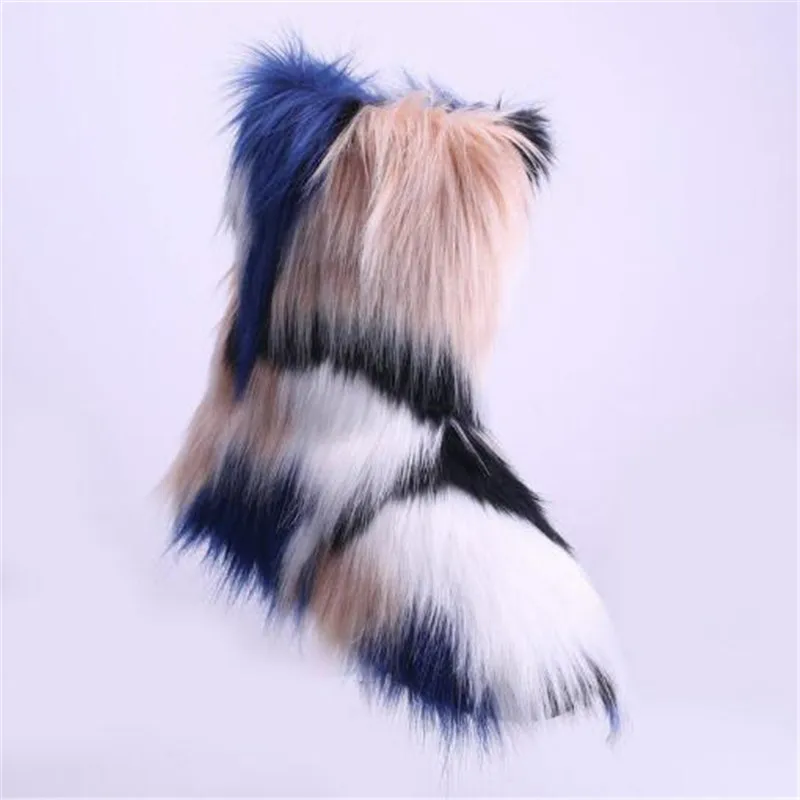 sets8 Women's Winter Faux Fox Fur Snow Boots Woman Warm Furry Shoes Female Ankle Boots Ladies Platform Botas Mujer White/Black Shoes - Цвет: sets8