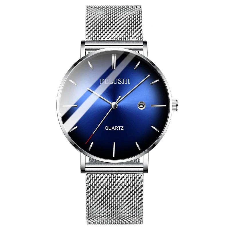 Steel Silver Blue BELUSHI, модные мужские часы, Топ бренд, Роскошные тонкие стальные сетчатые кварцевые часы, мужские деловые водонепроницаемые аналоговые наручные часы, мужские часы - Цвет: Steel Silver Blue