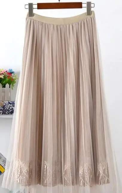 Gold Velvet High Waist Pleated Skirt Mesh Tulle Lace Stitching Sequin Bead Plus Size Two-tiered black Long Skirts women Clothes - Цвет: 851apricot