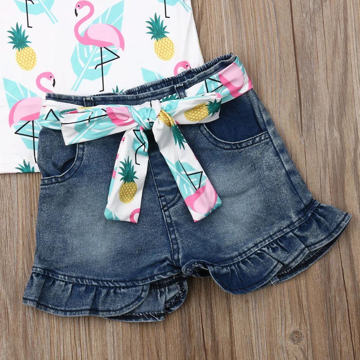 Летний модный комплект одежды для маленьких девочек, топы с принтом фламинго и арбуза, футболка джинсовые шорты, одежда