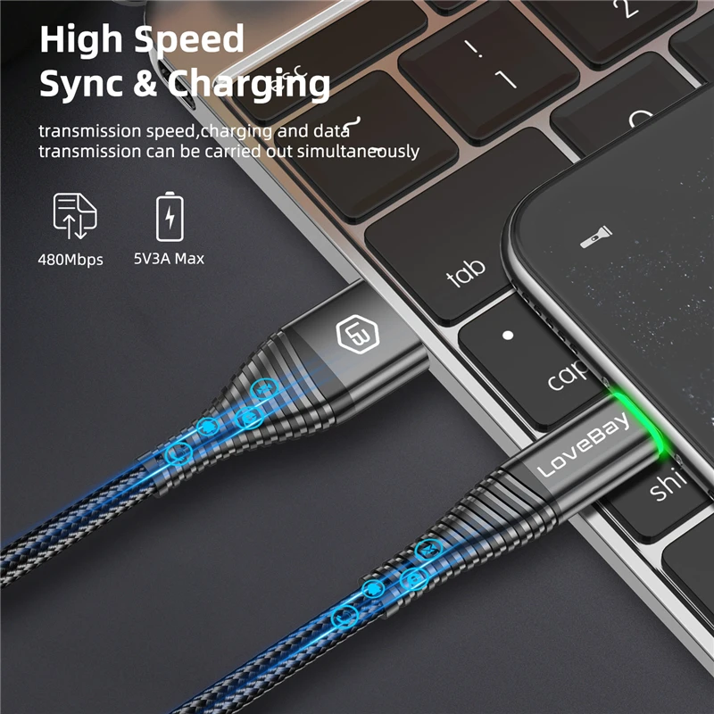 Lovebay LED 2M Micro USB Cable 3A QC 3.0 Quick Charge Wire For iPhone Xiaomi Android Mobile Phone Data Cable Cord Fast Charging