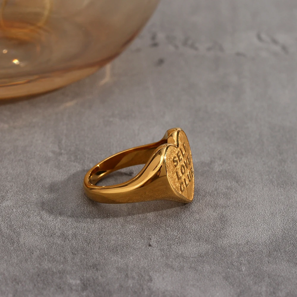 Gold Plated Rings Gold Rings Golden Ring Vintage SELF LOVE CLUB Ring Motto Engraved Heart shaped Ring Stainless Steel Gold Plated Finger For Women Men Party Jewelry