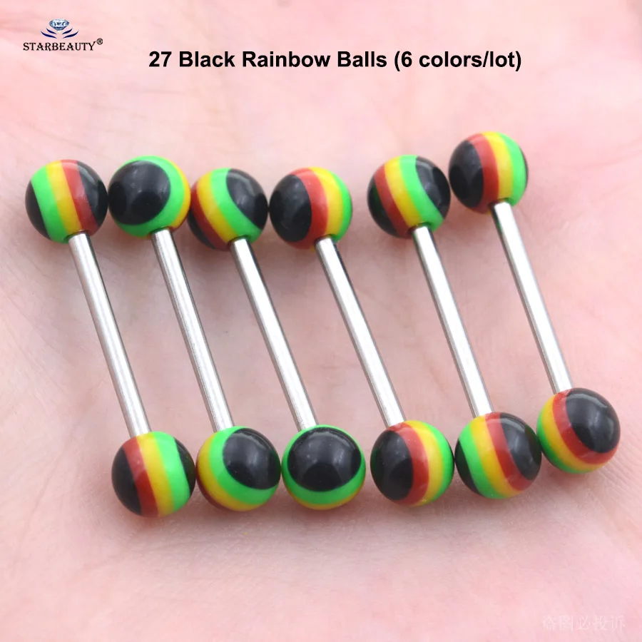 Black Rainbow 6 шт./лот 14 г крутое акриловое кольцо в язык langue кольцо для соска язык из нержавеющей стали кольца спиральные украшения для пирсинга ювелирные изделия для тела - Окраска металла: Black Rainbow