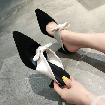 

Mules Shoes Women Kid Suede Leather Shoes Slip on Ladies High Heel Poined Toe Comfortable Slippers Shoes