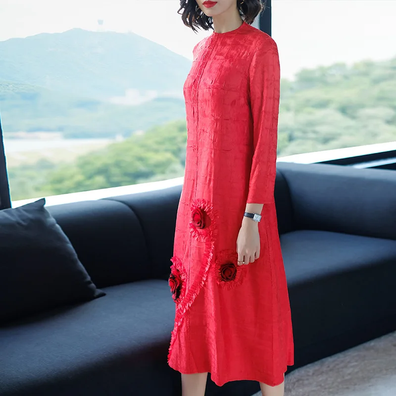 Плюс размер платье осень Женская Новая мода круглый вырез плед три четверти рукав свободный стрейч Miyake плиссировка одиночное платье