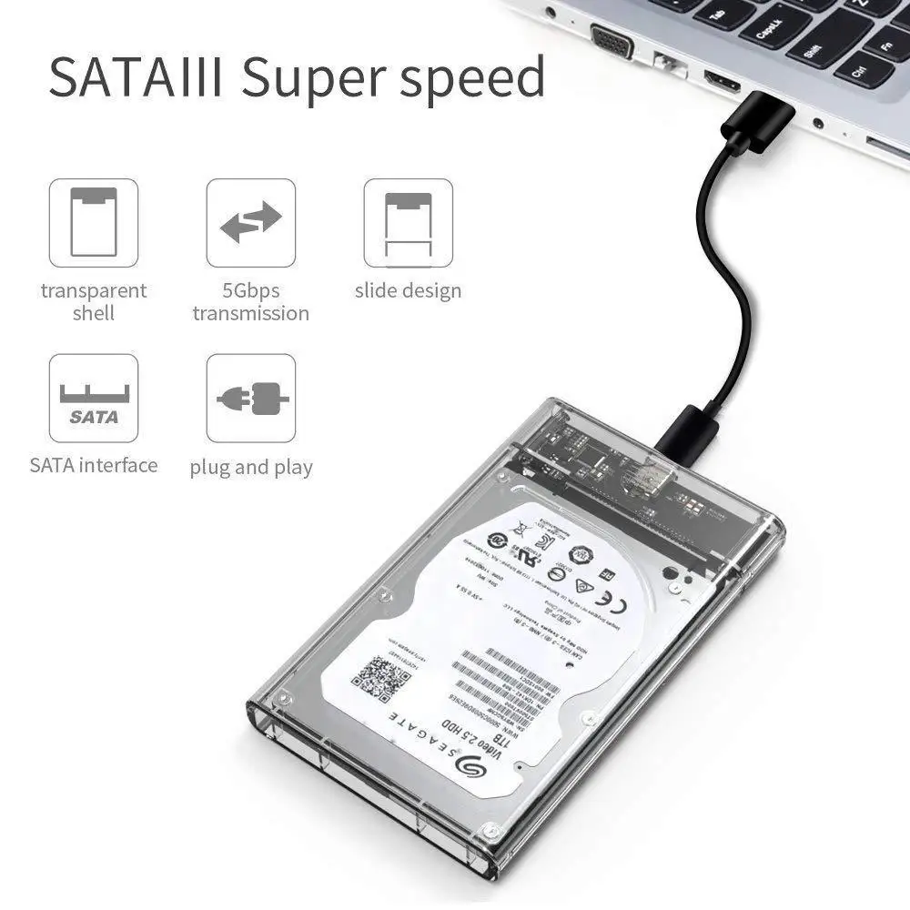 USB 3.1 portable Hard Drive Enclosure 2.5 inch Transparent SATA III to Type C for HDD/SSD 5 Gpbs External Hard Disk Enclosure