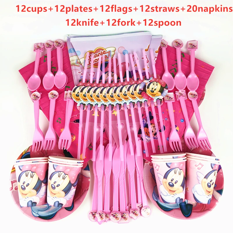 104Pcs Disney Red Minnie Mouse Disposable Tableware Kids Boys Birthday Party Decoration Paper Plate+Cup+Napkin+Straws Supplies | Дом и сад