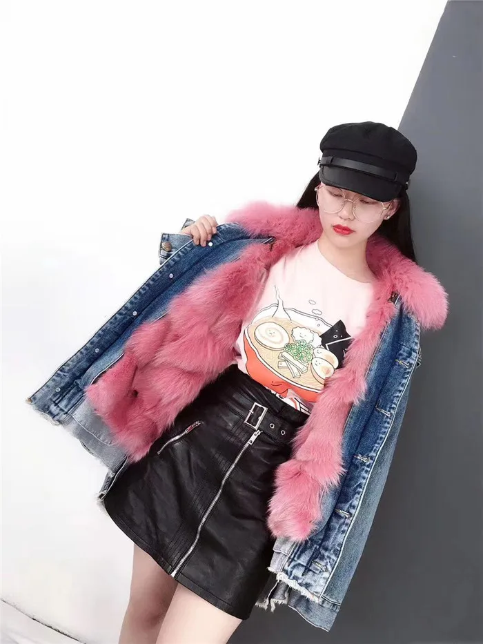 real fur coat Winter Jacket Women Coat Real fox Fur lined denim jacket Parka back letter print