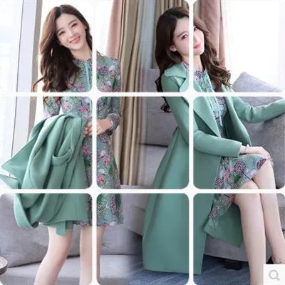 

Korean-style Suit Collar Mid-length Woolen Jacket Women's Long-Sleeve Chiffon Dress Woolen Overcoat Two-Piece Set Autumn And Win