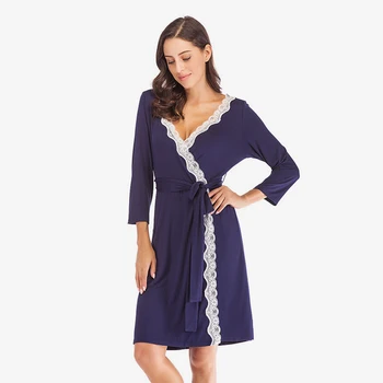 

Lace Patchwork Long Sleeve Belt Women's Bathrobe V neck Sashes Mini Wrap Night Dress For Women 2020 Spring Nightgowns Female